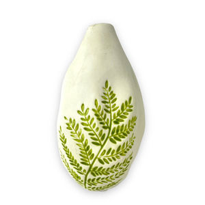 Rustic Fern Pottery Vase Organic Shape Warm White Green Fern Leaves